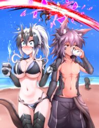  1boy 2girls absurdres ass_grab battle beach black_shorts blue_eyes blue_sky blush breasts commentary cowboy_shot cup day dragon_boy dragon_girl g_(genesis1556) genderswap_(mtf) grey_hair highres holding holding_cup horns long_hair mia_(g_(genesis1556)) miguel_(g_(genesis1556)) monster_boy monster_girl multiple_girls navel nose_blush ocean original ponytail red_eyes rio_(g_(genesis1556)) rule_63 sacabambaspis shark shorts sky standing stomach tail thighs water white_hair 