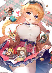  armor blush bow bowtie braid breasts campanella_(last_period) candy character_request chibi chocolate cleavage clothes_lift dragonmaterial fangs food from_below gift head_tilt high-waist_skirt highres large_breasts layered_skirt long_hair looking_at_viewer mini_person minigirl miniskirt multiple_girls open_mouth orange_hair otogi_frontier pleated_skirt purple_eyes skin_fangs skirt skirt_lift smile twin_braids 