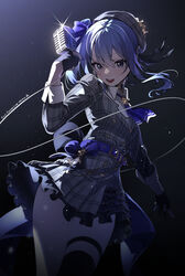  absurdres belt beret black_background black_gloves blue_belt blue_hair blue_necktie breasts choker collared_shirt commentary_request dress female fingerless_gloves future_cake gloves grey_eyes hand_up hat highres holding holding_microphone hololive hoshimachi_suisei hoshimachi_suisei_(1st_costume) korean_commentary long_hair long_sleeves looking_at_viewer microphone mixed-language_commentary necktie open_mouth plaid plaid_dress plaid_headwear shirt simple_background small_breasts smile solo star_(symbol) star_in_eye symbol_in_eye thigh_strap thighs upper_body upskirt virtual_youtuber 