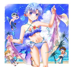  3boys alternate_costume beach bikini blue_bikini blue_eyes blue_hair breasts cleavage cloud commentary_request dieck_(fire_emblem) female fire_emblem fire_emblem:_the_binding_blade frilled_bikini frills highres lot_(fire_emblem) medium_breasts multiple_boys open_mouth palm_tree shanna_(fire_emblem) smile solo_focus swimsuit tree tsukimura_(d24f4z8j3t) wade_(fire_emblem) 