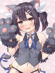  animal_ear_fluff animal_ears animal_hands bare_shoulders bell black_hair black_panties blue_ribbon blush breasts brown_eyes cat_ears cat_tail collarbone commentary_request fake_animal_ears fate/kaleid_liner_prisma_illya fate_(series) feather_hair_ornament feathers female gloves grey_gloves grey_vest hair_ornament hairclip highres jingle_bell long_hair looking_at_viewer miyu_edelfelt miyu_edelfelt_(beast_style) mochi_(k620803n) navel neck_ribbon open_mouth panties paw_gloves ribbon small_breasts solo tail twintails underwear vest 