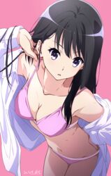  adjusting_hair arm_up black_hair bra breasts cleavage collarbone commentary_request female hibike!_euphonium highres kousaka_reina long_hair looking_at_viewer medium_breasts navel nii_manabu off_shoulder open_clothes open_shirt panties pink_background pink_bra pink_panties purple_eyes shirt signature simple_background solo stomach thighs underwear white_shirt 