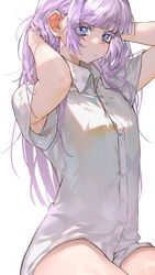  absurdres armpit_peek blue_eyes collared_shirt colored_eyelashes female foolish_potato hair_down hands_in_hair hands_up highres long_hair looking_at_viewer messy_hair nanakusa_nazuna_(yofukashi_no_uta) purple_eyes ringed_eyes shirt simple_background solo up_sleeve white_background white_shirt yofukashi_no_uta 