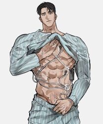  1boy abs bara gimgyeon_(dog_0987) large_pectorals lifting_own_clothes looking_at_viewer male_focus mature_male muscular muscular_male navel original pajamas pectorals scar short_hair sideburns solo stomach thick_eyebrows undressing veiny_crotch 