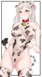  animal_ear_hairband animal_ears animal_print bell breasts brown_eyes closed_mouth commentary covered_navel cow_ears cow_print english_commentary eyelashes fake_animal_ears fake_tail female fire_emblem fire_emblem_awakening hairband inset_border large_breasts long_hair neck_bell print_leotard print_thighhighs robin_(female)_(fire_emblem) robin_(fire_emblem) serafineart1001 simple_background skindentation smile solo standing tail thighhighs twintails white_background white_hair 