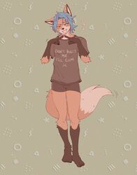  afraid_parade anthro black_nose blue_hair canid canine clothed clothing don&#039;t_bully_me_i&#039;ll_cum english_text fox fur green_eyes hair hi_res male mammal open_mouth shirt solo standing t-shirt tail text topwear underwear 