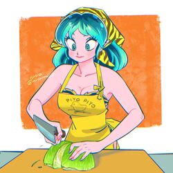  animal_print apron aqua_eyes aqua_hair bikini breasts cabbage chopping cleavage commentary_request cone_horns cutting_board female fur_bikini highres horns knife lum meme muda_rengou_to_ziggy_stardust oni pointy_ears quality_cabbage_(meme) solo strapless strapless_bikini swimsuit tiger_print urusei_yatsura yellow_bikini 