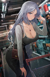  alternate_costume bag black_skirt blue_eyes blurry blurry_background braid breasts carrying_bag ceiling_light cleavage contemporary female floodlights genshin_impact grey_hair hair_down hand_on_own_thigh hand_up handbag highres indoors jewelry kawa683 large_breasts leaning_forward long_braid long_hair looking_at_viewer necklace parted_lips shenhe_(genshin_impact) shopping shopping_cart shoulder_bag skirt solo supermarket sweat very_long_hair 