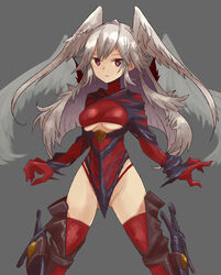  alternate_costume ass_visible_through_thighs bodysuit breasts clothing_cutout commentary_request cowboy_shot dagger eushima_(sgr) feather_hair feathered_wings female final_fantasy final_fantasy_tactics grey_background grey_hair highres knife leg_holster looking_at_viewer medium_breasts pink_eyes red_bodysuit red_thighhighs simple_background solo thighhighs ultima_(fft) underboob_cutout weapon wings worried 