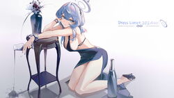  absurdres ako_(blue_archive) ako_(dress)_(blue_archive) backless_dress backless_outfit blue_archive blue_dress blue_eyes blue_footwear blue_hair blue_halo blue_nails bottle breasts commentary_request cup dress drinking_glass evening_gown female flower glass_bottle halo high_heels highres holding holding_cup kneeling large_breasts long_hair looking_at_viewer multiple_bracelets nail_polish official_alternate_costume plunging_neckline pouring refa sideboob sideless_dress simple_background single_handcuff smile solo splashing vase water white_background white_flower wine_glass 