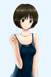  adjusting_clothes adjusting_strap adjusting_swimsuit amagami bare_shoulders black_one-piece_swimsuit blue_background blue_one-piece_swimsuit bob_cut breasts brown_eyes brown_hair closed_mouth collarbone commentary competition_school_swimsuit competition_swimsuit female hand_up highres kitaokasensei light_smile one-piece_swimsuit school_swimsuit short_hair simple_background small_breasts smile solo swimsuit tachibana_miya two-tone_swimsuit upper_body 