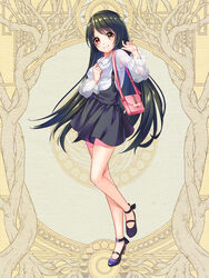  bag black_footwear black_hair black_skirt brown_eyes dairoku_ryouhei female full_body handbag kawachi_306 long_sleeves minazuki_yuyuka see-through see-through_sleeves shirt skirt solo standing white_shirt yellow_background 