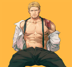  1boy abs arms_behind_back bara beard_stubble black_necktie black_pants blonde_hair closed_mouth coat collarbone facial_hair highres looking_at_viewer male_focus marley_military_uniform mature_male muscular muscular_male mustache_stubble navel necktie nipples open_clothes open_coat pants partially_undressed pectorals reiner_braun shingeki_no_kyojin short_hair simple_background single_bare_shoulder sitting solo stubble sweatdrop tengo_(maotengo) unworn_necktie white_coat yellow_background yellow_eyes 