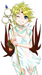  blonde_hair blue_eyes body_markings bracelet breath_of_fire breath_of_fire_v commentary_request dress facial_mark female flower forehead_mark full-body_tattoo highres holding holding_staff jewelry looking_at_viewer loopa nina_(breath_of_fire_v) one_eye_closed red_wings short_hair simple_background smile solo staff tattoo white_background white_dress wings 