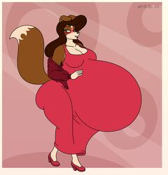  2023 anthro ass belly big_belly blush border_collie breasts brown_body brown_eyes brown_fur brown_hair canid canine canis clothed clothing collie copyright_symbol digital_media_(artwork) domestic_dog dress female footwear fur hair hand_on_belly herding_dog hi_res high_heels huge_belly hyper hyper_pregnancy mammal millicent_(satsumalord) pastoral_dog pregnant red_clothing red_dress satsumalord sheepdog solo symbol 