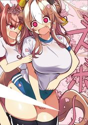  2girls adjusting_shirt ahoge animal_ears arm_grab black_thighhighs blue_buruma breasts brown_hair buruma cherry_blossoms commentary_request copano_rickey_(umamusume) cowboy_shot daiwa_scarlet_(umamusume) double_bun double_vertical_stripe earrings gym_shirt gym_uniform hair_bun hair_intakes highres horse_ears horse_girl horse_tail jewelry large_breasts long_hair looking_at_viewer multicolored_hair multiple_girls oerba_yun_fang open_mouth petals purple_eyes red_eyes saliva shirt shirt_tug short_sleeves single_earring skindentation standing t-shirt tail tearing_up tears thighhighs tiara tree two-tone_hair umamusume wahiko_(black_bastard) white_hair 