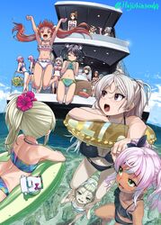  6+girls alcohol aquila_(kancolle) ass barefoot bikini black_bikini black_hair black_ribbon blonde_hair blue_bikini blunt_bangs boat bottle breasts brown_eyes brown_hair cleavage closed_eyes cloud comandante_cappellini_(kancolle) conte_di_cavour_(kancolle) day drinking flower giuseppe_garibaldi_(kancolle) grecale_(kancolle) green_eyes grey_hair hair_flower hair_ornament hair_ribbon hairband headdress hibiscus highres holding holding_bottle huge_breasts ifuji_shinsen inflatable_raft innertube jewelry jumping kantai_collection large_breasts libeccio_(kancolle) littorio_(kancolle) long_hair luigi_di_savoia_duca_degli_abruzzi_(kancolle) luigi_torelli_(kancolle) lying maestrale_(kancolle) medium_breasts multicolored_hair multiple_girls necklace ocean oerba_yun_fang on_stomach one-piece_swimsuit open_mouth outdoors partially_underwater_shot pince-nez pink_bikini pink_flower pink_hair pola_(kancolle) ponytail red_bikini red_flower ribbon roma_(kancolle) scirocco_(kancolle) short_hair side_ponytail sky small_breasts strapless strapless_bikini streaked_hair swim_ring swimsuit tan twintails twitter_username very_long_hair water watercraft wet white_bikini white_hairband white_one-piece_swimsuit zara_(kancolle) 