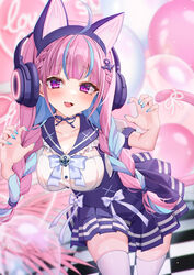  absurdres ahoge anchor_hair_ornament animal_ears black_thighhighs blue_choker blue_hair blue_nails blue_sailor_collar blush braid breasts cat_ears cat_tail chierishu choker claw_pose cleavage fake_animal_ears female hair_ornament headphones highres hololive large_breasts long_hair looking_at_viewer minato_aqua minato_aqua_(sailor) multicolored_hair nail_polish official_alternate_costume open_mouth pink_hair purple_eyes ribbon_choker sailor_collar shirt smile solo tail thighhighs twin_braids two-tone_hair virtual_youtuber white_shirt 