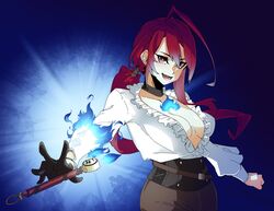  ahoge alternate_costume alternate_hairstyle blue_fire breasts elizabeth_rose_bloodflame female fire highres hololive hololive_english huge_ahoge joeboto long_hair looking_at_viewer low_ponytail medium_breasts open_mouth red_eyes red_hair smile solo very_long_hair virtual_youtuber 