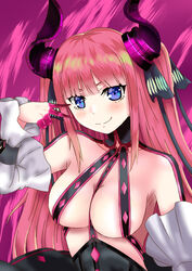  &gt;:) bare_shoulders belt_bra between_breasts black_ribbon blue_eyes blunt_bangs blush breasts butterfly_hair_ornament cleavage closed_mouth commentary_request cosplay curled_horns demon_horns detached_sleeves ds_(mettyamattyaman) elizabeth_bathory_(fate) elizabeth_bathory_(fate/extra_ccc) elizabeth_bathory_(fate/extra_ccc)_(cosplay) eyelashes fake_horns fate/extra fate/extra_ccc fate_(series) female fingernails go-toubun_no_hanayome hair_ornament hair_ribbon horns large_breasts long_fingernails long_hair looking_at_viewer nakano_nino pink_hair purple_background purple_nails ribbon simple_background smile smug solo straight_hair upper_body v-shaped_eyebrows very_long_hair wide_sleeves 