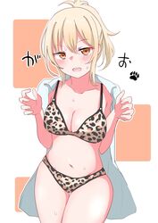  animal_hands blonde_hair blush breasts cleavage collared_shirt commentary_request female hair_between_eyes highres jaguar_print looking_at_viewer love_live! love_live!_nijigasaki_high_school_idol_club medium_breasts medium_hair miyashita_ai nakazumi_kohada navel open_mouth orange_eyes ponytail shirt shirt_on_shoulders sidelocks solo standing stomach sweat translated upper_body white_shirt 