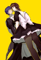  2boys apron ascot black_dress black_hairband blue_hair brown_hair closed_mouth commentary crossdressing dress from_below hairband harada_minoru highres hua_(qingmeiranshuangxue) juliet_sleeves long_sleeves maid maid_apron male_focus male_maid multiple_boys orange_eyes puffy_sleeves saibou_shinkyoku short_hair short_sleeves simple_background smile symbol-only_commentary utsugi_noriyuki white_apron white_ascot yellow_background 