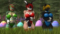  3d_(artwork) angry anthro bandana basket black_body black_fur blonde_hair bow_tie breasts bunny_costume cat_(petruz) clothing container costume crossed_arms cuffs_(clothing) digital_media_(artwork) easter egg felid feline female flower forest fur grass green_body green_eyes green_scales group hair hand_on_arm hi_res holding_basket holding_container holding_egg holding_object holidays kerchief lagomorph leggings legwear leporid lizard lizard_(petruz) looking_at_viewer looking_away mammal multicolored_body multicolored_fur one_eye_closed petruz_(copyright) plant purple_eyes rabbit rabbit_(petruz) red_hair reptile scales scalie smile smiling_at_viewer source_filmmaker_(artwork) thevestige tongue tongue_out tree trio wink winking_at_viewer yellow_eyes 