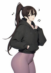  bandaged_fingers bandages black_eyes black_hoodie bobobong brown_hair closed_mouth commentary english_commentary female hair_between_eyes hand_in_pocket hand_up hood hood_down hoodie in-ear_earphones leggings long_hair looking_at_viewer musical_note original pink_leggings ponytail simple_background solo standing very_long_hair white_background 