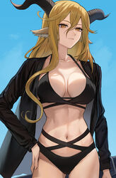  absurdres animal_ears arknights arm_at_side beruko14 black_horns blonde_hair blue_background breasts cleavage closed_mouth collarbone degenbrecher_(arknights) female hand_on_own_hip highres horns large_breasts long_hair long_sleeves looking_at_viewer navel open_clothes orange_eyes solo stomach 