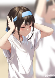  2girls armpit_peek armpits blue_hairband blurry blurry_background blush brown_hair closed_eyes closed_mouth collarbone commentary_request covering_own_ears flat_chest hairband jonsun misaki_(jonsun) multiple_girls original shirt short_hair short_sleeves sidelocks solo_focus twitter_username up_sleeve wavy_mouth white_shirt 