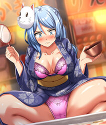  absurdres blue_eyes blue_hair blue_kimono blurry blurry_background blush cat_mask constricted_pupils female festival goldfish_scooping highres japanese_clothes kantai_collection kimono looking_down mask outdoors panties pantyshot poi_(goldfish_scoop) print_kimono satin_bra satin_panties shy solo summer_festival underwear urakaze_(kancolle) yukata zanntetu 