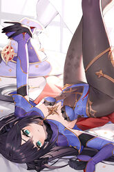  absurdres black_gloves black_hair blue_leotard breasts elbow_gloves female fur_trim genshin_impact gloves green_eyes hair_ornament hat highres legs legs_up leotard long_hair looking_at_viewer lying mona_(genshin_impact) on_back outstretched_arm pantyhose small_breasts solo thighs tongue tongue_out twintails unworn_headwear witch_hat yuia 