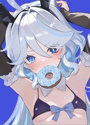  animal_ears armpits arms_up bikini black_sleeves blue_background blue_bikini blue_eyes blush breasts detached_collar detached_sleeves doughnut drop-shaped_pupils fake_animal_ears female food food_in_mouth front-tie_bikini_top front-tie_top furina_(genshin_impact) genshin_impact grey_hair heterochromia highres long_hair looking_at_viewer rabbit_ears rrr_gns_(riuriu_1212) small_breasts swimsuit symbol-shaped_pupils upper_body 