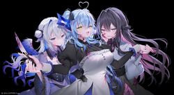  3girls :3 :d :q ahoge alternate_costume alternate_hairstyle amane_kanata angel_wings azki_(hololive) black_background black_corset black_dress black_hair black_nails black_ribbon black_skirt blood blood_in_hair blood_on_clothes blood_on_face blue_eyes blue_hair blue_halo blue_wings bow bowtie braid collared_dress collared_shirt colored_inner_hair commentary_request corset crossed_bangs detached_collar double-parted_bangs double_bun dress facial_mark feathered_wings frilled_dress frills grabbing_another&#039;s_hand gradient_wings grey_hair hair_between_eyes hair_bun hair_intakes half_up_braid halo hand_on_own_face hands_on_another&#039;s_neck heart heart_ahoge highres holding holding_knife hololive knife long_hair long_sleeves looking_at_viewer loveit?_(biz) mini_wings mnimni mole mole_under_eye multicolored_hair multicolored_wings multiple_girls neck_ribbon official_alternate_hairstyle official_art pink_bow pink_hair pointy_ears puffy_long_sleeves puffy_sleeves purple_dress purple_eyes purple_hair ribbon shirt side_up_bun sidelocks simple_background single_braid single_hair_intake skirt smile star_halo streaked_hair tongue tongue_out two_side_up very_long_hair virtual_youtuber white_dress white_hair white_shirt white_wings wide_sleeves wings wrist_cuffs yellow_eyes yukihana_lamy 