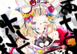  animal_ear_fluff animal_ears black_hair blonde_hair blue_hair blush bow breasts calligraphy cleavage_cutout closed_mouth clothing_cutout commentary_request female fox_ears fox_girl grey_eyes hairbow hololive kou_mashiro long_hair looking_at_viewer medium_breasts multicolored_hair nail_polish new_year official_alternate_costume omaru_polka omaru_polka_(new_year) one_eye_closed open_mouth pink_hair purple_eyes red_hair simple_background smile solo sparkle streaked_hair tongue tongue_out upper_body virtual_youtuber 