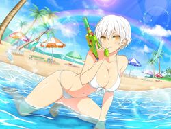  barefoot beach beach_umbrella bikini blue_sky breasts caustics day feet female holding holding_water_gun kneeling large_breasts legs looking_at_viewer miyabi_(senran_kagura) official_art outdoors palm_tree partially_submerged rainbow senran_kagura senran_kagura_peach_beach_splash short_hair sky solo swimsuit third-party_source toenails toes tree umbrella water water_gun white_bikini white_hair yellow_eyes 