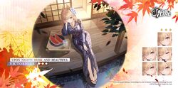  autumn_leaves azur_lane blonde_hair breasts character_name english_commentary explosion female food from_above fruit full_body highres japanese_clothes kimono large_breasts long_hair official_alternate_costume official_art outdoors print_kimono promotional_art purple_kimono sandals second-party_source sitting solo very_long_hair victorious_(azur_lane) victorious_(upon_nights_brisk_and_beautiful)_(azur_lane) watermelon watermelon_slice wooden_floor zouri 