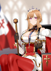  absurdres azur_lane bare_shoulders blonde_hair breasts choker closed_mouth cross female fleur-de-lis french_flag fur_trim highres holding holding_orb holding_scepter large_breasts parted_bangs pink_eyes red_thighhighs ribbon_choker richelieu_(azur_lane) scepter sidelocks sitting_on_throne thighhighs tiara wsfw 