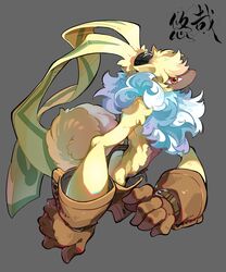  1other belt belt_buckle black_belt body_fur brown_fur brown_gloves buckle closed_mouth digimon digimon_(creature) floppy_ears furry gloves grey_background highres orange_eyes simple_background solo symbareangoramon tied_ears white_fur yellow_fur yellow_tail youzaiyouzai112 