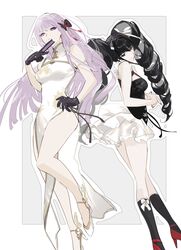  2girls bare_shoulders black_bow black_dress black_gloves black_hair border bow celestia_ludenberg danganronpa:_trigger_happy_havoc danganronpa_(series) dress drill_hair gloves grey_background hair_ornament hairbow hand_fan high_heels highres holding holding_fan kirigiri_kyoko long_hair looking_at_viewer mikuroron multiple_girls off-shoulder_dress off_shoulder own_hands_clasped own_hands_together purple_eyes purple_fan purple_hair red_eyes red_footwear skirt smile thighs twin_drills twintails white_border white_dress white_footwear white_skirt 