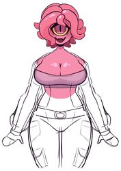  1_eye 2023 absurd_res belt big_breasts breasts cleavage clothed clothing cyclops digital_drawing_(artwork) digital_media_(artwork) female front_view guide_lines hair hi_res humanoid midriff open_mouth open_smile pink_body pink_face pink_hair portrait pseudo_hair pupils qwerty_soda simple_background slit_pupils smile solo tentacle tentacle_creature tentacle_hair tomarou_tentacles topwear unfinished white_background 