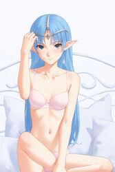  aqua_hair bra breasts circlet closed_mouth commentary earrings elf english_commentary female highres jewelry lafiel long_hair looking_at_viewer miura-n315 mixed-language_commentary on_bed panties pink_bra pink_panties pointy_ears seikai_no_monshou seikai_no_senki simple_background sitting small_breasts solo underwear underwear_only white_background 