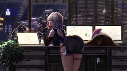  absurdres ass ass_focus bare_shoulders black_shirt breasts building clothing_cutout cpu desk desk_lamp female gxws highres honkai:_star_rail honkai_(series) huge_ass lamp large_breasts looking_at_viewer monitor night numby_(honkai:_star_rail) on_desk shirt short_shorts shorts side_cutout thighs topaz_(honkai:_star_rail) trotter_(honkai:_star_rail) white_hair window 