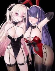  2girls absurdres akuma_nihmune akuma_nihmune_(3rd_costume) animal_ears armpits bare_shoulders black_bow black_choker black_gloves black_leotard black_nails blonde_hair blunt_bangs blush bow braid breasts brown_pantyhose choker cleavage commission cross earrings elbow_gloves fishnet_thighhighs fishnets frilled_gloves frills gloves hair_ornament heart highleg highleg_leotard highres holding_hands indie_virtual_youtuber jewelry large_breasts leotard long_hair looking_at_viewer maid_headdress mole mole_on_breast mole_under_eye multicolored_hair multiple_girls nail_polish open_mouth original pantyhose pink_eyes pink_hair purple_hair rabbit_ears red_leotard smile standing strapless strapless_leotard thigh_strap thighhighs virtual_youtuber waytok wrist_cuffs x_hair_ornament 