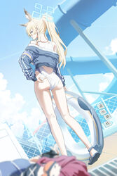  2girls absurdres animal_ear_fluff animal_ears applepie_(12711019) ass bare_legs black_jacket blonde_hair blue_archive blue_eyes blue_halo competition_swimsuit dog_ears from_behind full_body halo highres jacket kanna_(blue_archive) kanna_(swimsuit)_(blue_archive) lifebuoy long_hair long_sleeves multiple_girls official_alternate_costume one-piece_swimsuit ponytail sandals seaside_sukeban_(smg)_(blue_archive) swim_ring swimsuit white_one-piece_swimsuit 