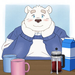  1:1 2023 anthro bear blue_eyes blush clothing container cup detailed_background hi_res humanoid_hands kemono male mammal mug overweight overweight_male polar_bear shirane_kan shirt solo topwear ursine utau yaki_atsuage 