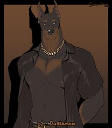  2023 abs anthro beard belt biceps bottomwear brown_body brown_fur canid canine canis clothed clothing digital_drawing_(artwork) digital_media_(artwork) dobermann domestic_dog ear_piercing ear_ring facial_hair facial_piercing fully_clothed fur hi_res jewelry male mammal muscular muscular_anthro muscular_male navel necklace nipples nose_piercing nose_ring nostril_ring open_clothing open_shirt open_topwear pants pecs piercing pinscher pose ring_piercing shirt solo timdoodles topwear underwear were werecanid werecanine weredog 