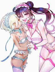  2girls asymmetrical_docking bare_shoulders blue_bow blue_bowtie blue_panties blue_ribbon blush bow bowtie breast_press breasts brown_hair cleavage closed_mouth dark-skinned_female dark_skin detached_collar double_bun frilled_headband frilled_underwear garter_belt garter_straps hair_bun hair_ornament hair_over_one_eye hairclip half-closed_eyes heads_together height_difference highres interlocked_fingers kabaya_yumiko kakunaru_ue_wa large_breasts long_hair looking_at_viewer miyamoto_niina multiple_girls nail_polish official_art open_mouth orange_eyes panties pink_bow pink_bowtie pink_nails pink_panties pink_ribbon ribbon shiny_skin short_hair simple_background small_breasts thighhighs twintails underwear underwear_only very_long_hair white_background white_thighhighs x_hair_ornament 