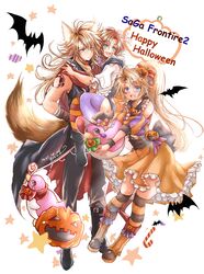  2boys absurdres bat_(animal) blonde_hair blue_eyes breasts brown_hair candy dress female food food-themed_hair_ornament hair_ornament halloween halloween_costume happy_halloween highres jack-o&#039;-lantern johan kyabia legs lollipop long_hair meythia monster multiple_boys open_mouth ponytail pumpkin pumpkin_hair_ornament saga saga_frontier_2 smile striped_clothes striped_thighhighs swirl_lollipop thighhighs ventarbre 