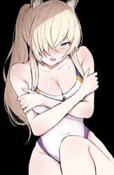  animal_ears black_background blonde_hair blue_archive blush breasts covered_navel crossed_arms female grey_eyes hair_over_one_eye highres kanna_(blue_archive) kanna_(swimsuit)_(blue_archive) large_breasts looking_at_viewer official_alternate_costume one-piece_swimsuit ponytail sak1_01 solo swimsuit 